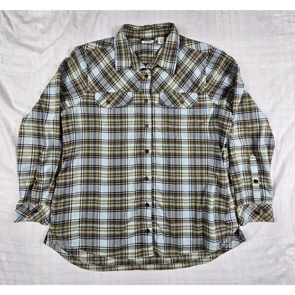 LL Bean Womens Flannel Button Up Shirt Blue Plaid Organic Cotton Cabin Stretch M